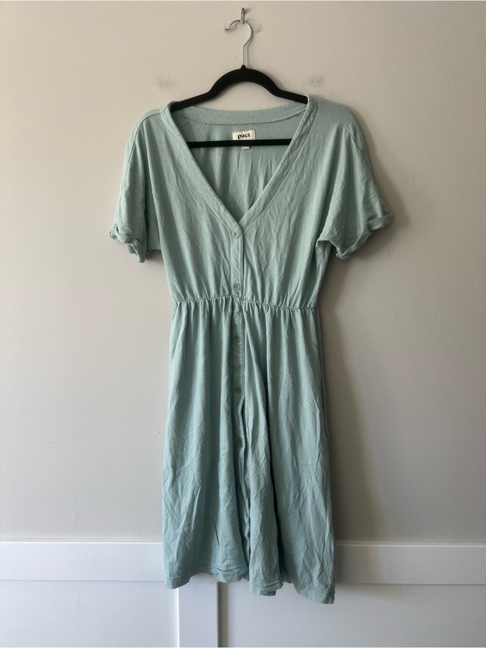 Pact Organic Cotton Linen Button Front Midi Dress Sage Green Small